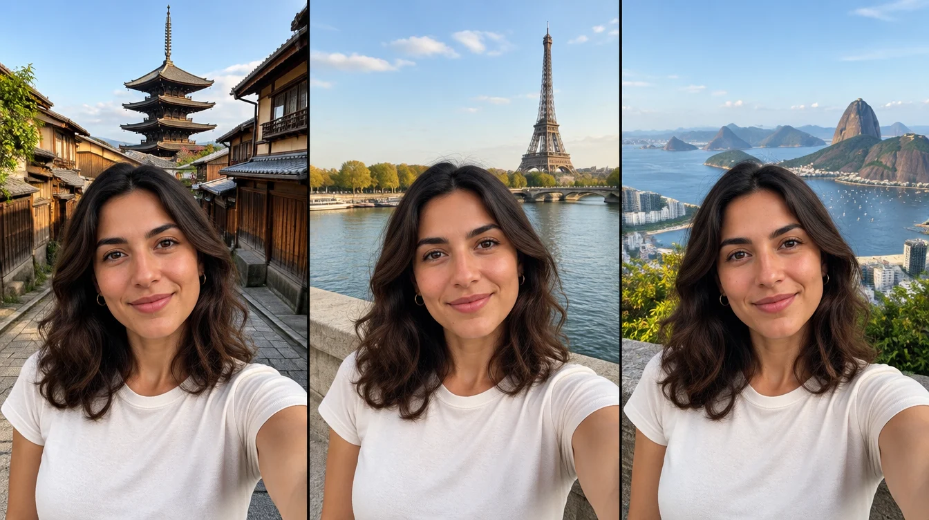 Three-panel AI demonstration: the same woman taking a selfie in Kyoto, Paris and Rio de Janeiro